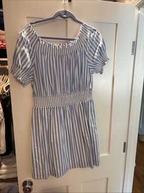 J. Crew Blue and White Striped Smocked Neck Top